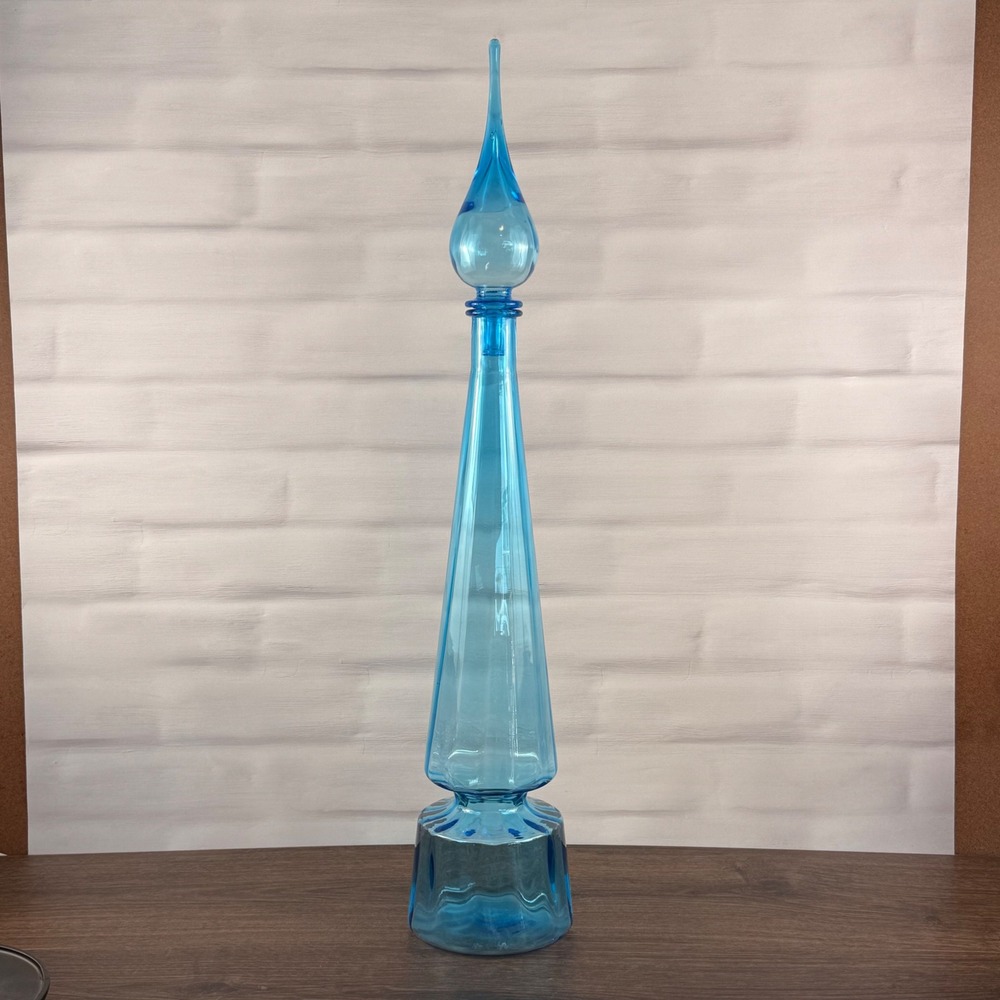 Empoli Italian Art Glass Blue Genie Bottle Decanter Tall Stopper MCM